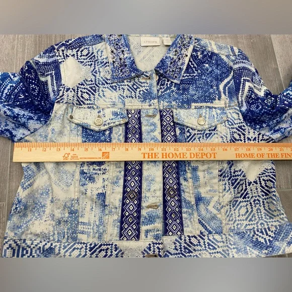 Chico's beaded artisan mixed-print cropped denim jacket blue & white Sz 2 (L/12) - Picture 10 of 15